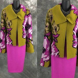 BEAUTIFUL St John knit green purple black multi jacket skirt suit size 8 10